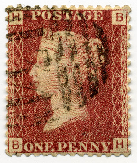 A perforated Penny Red with letters in four corners