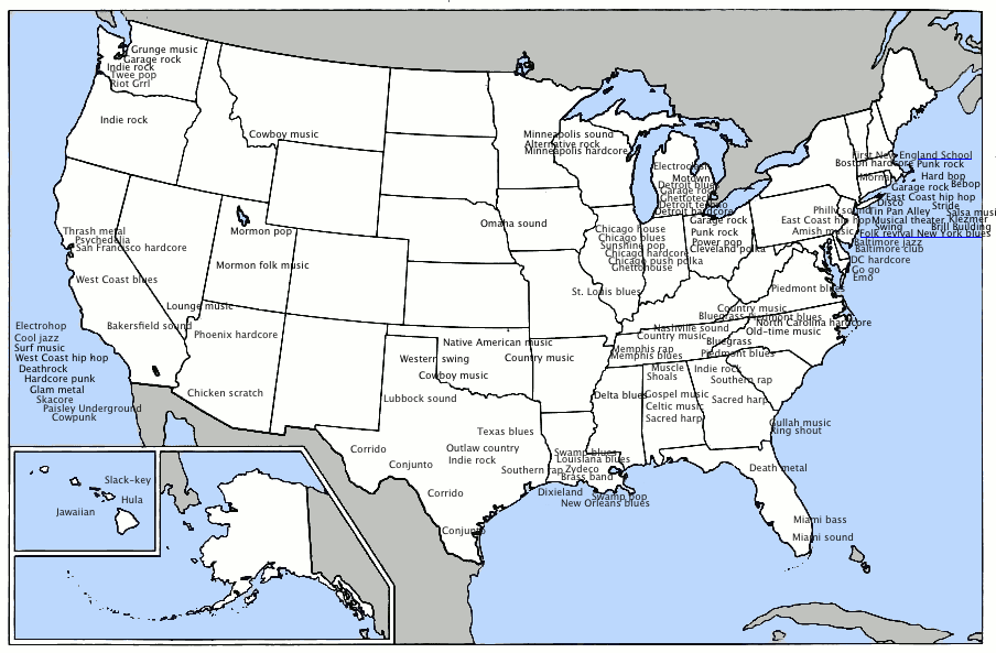 The United States is home to a wide array of regional styles and scenes. USmusicmap.png