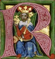 Miniatura písmena R ve kterém sedí vousatý muž s korunou, žezlem a královským jablkem.