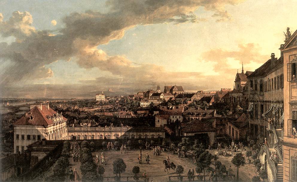 Vue sur Varsovie depuis le chateau Royal dans une peinture de Bellotto/Canaletto.