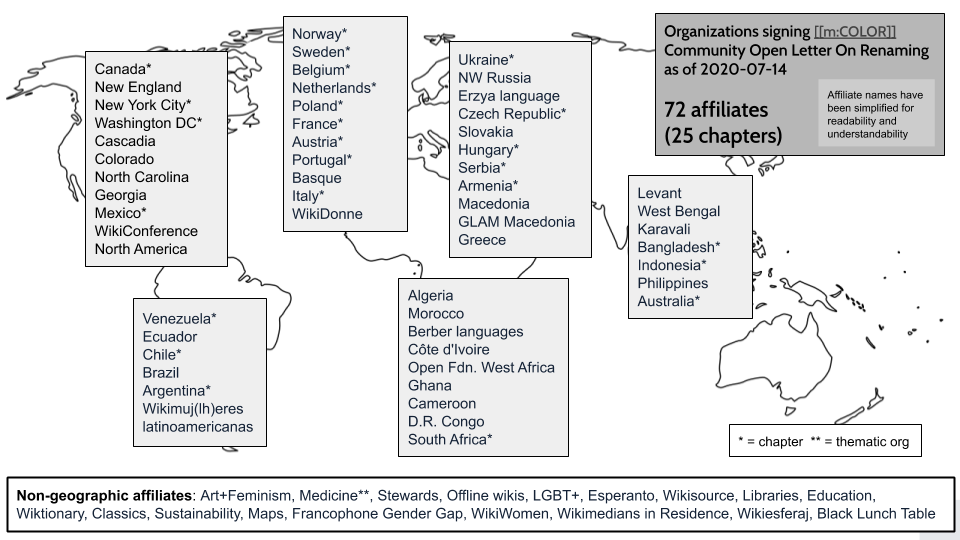 Karte der Verteilung der bisherigen 72 Affiliates (Chapter und BenutzergInnengruppen)