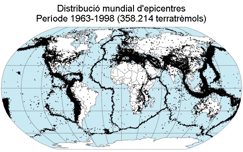 Distribució mundial d'epicentres del 1963 fins al 1998. Cal notar com es dibuixen les línies de les dorsals oceàniques.