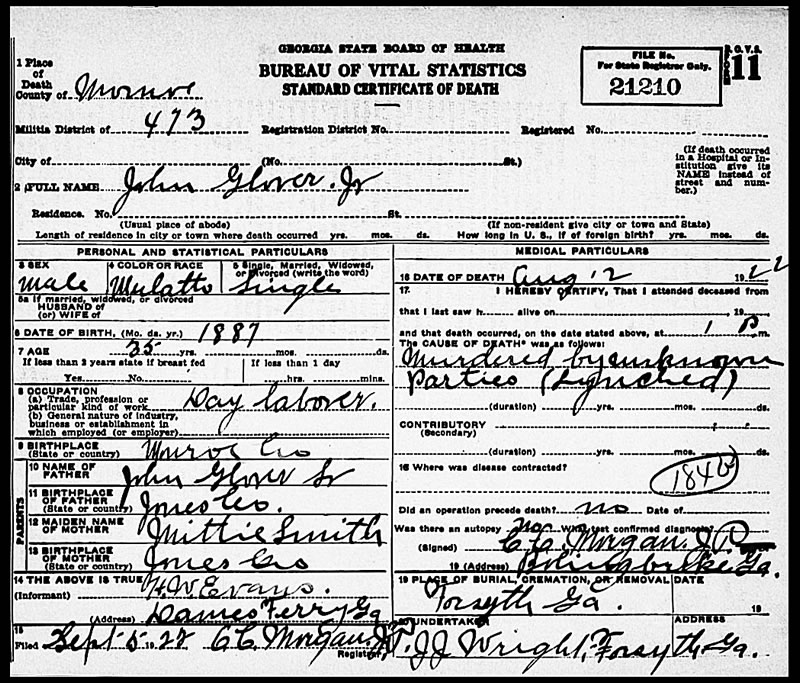 Death certificate for John Glover 1922