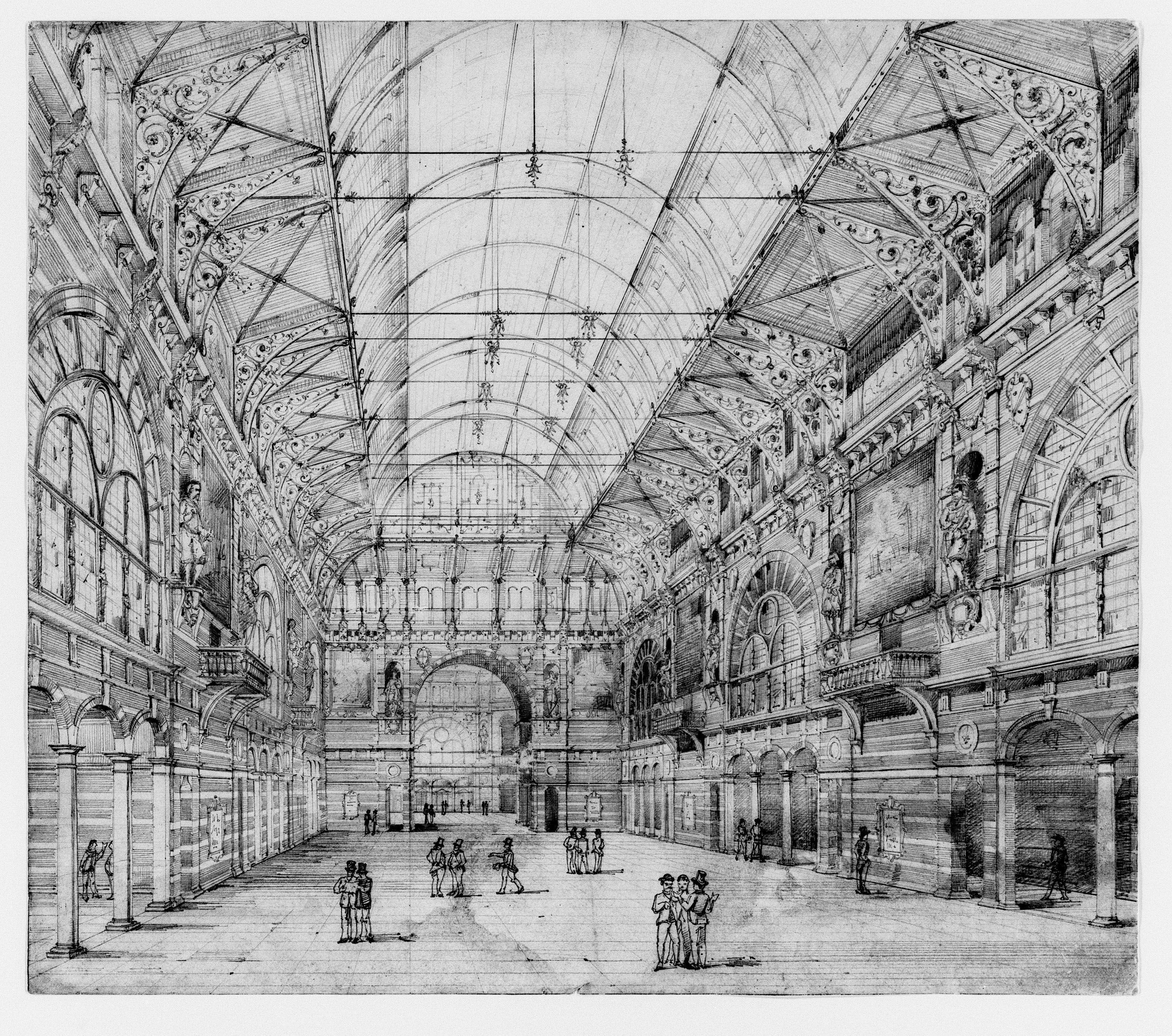 Competition design for a merchant's fair, Amsterdam, interior, perspective drawing.