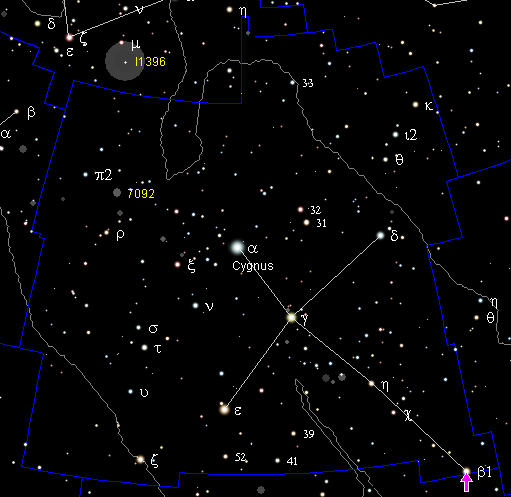 Star chart for Cygnus; arrow points out Albireo. Courtesy Wikipedia.