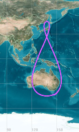 The groundtrack of QZSS orbit, which has similar characteristics to a Tundra orbit, but a lower inclination