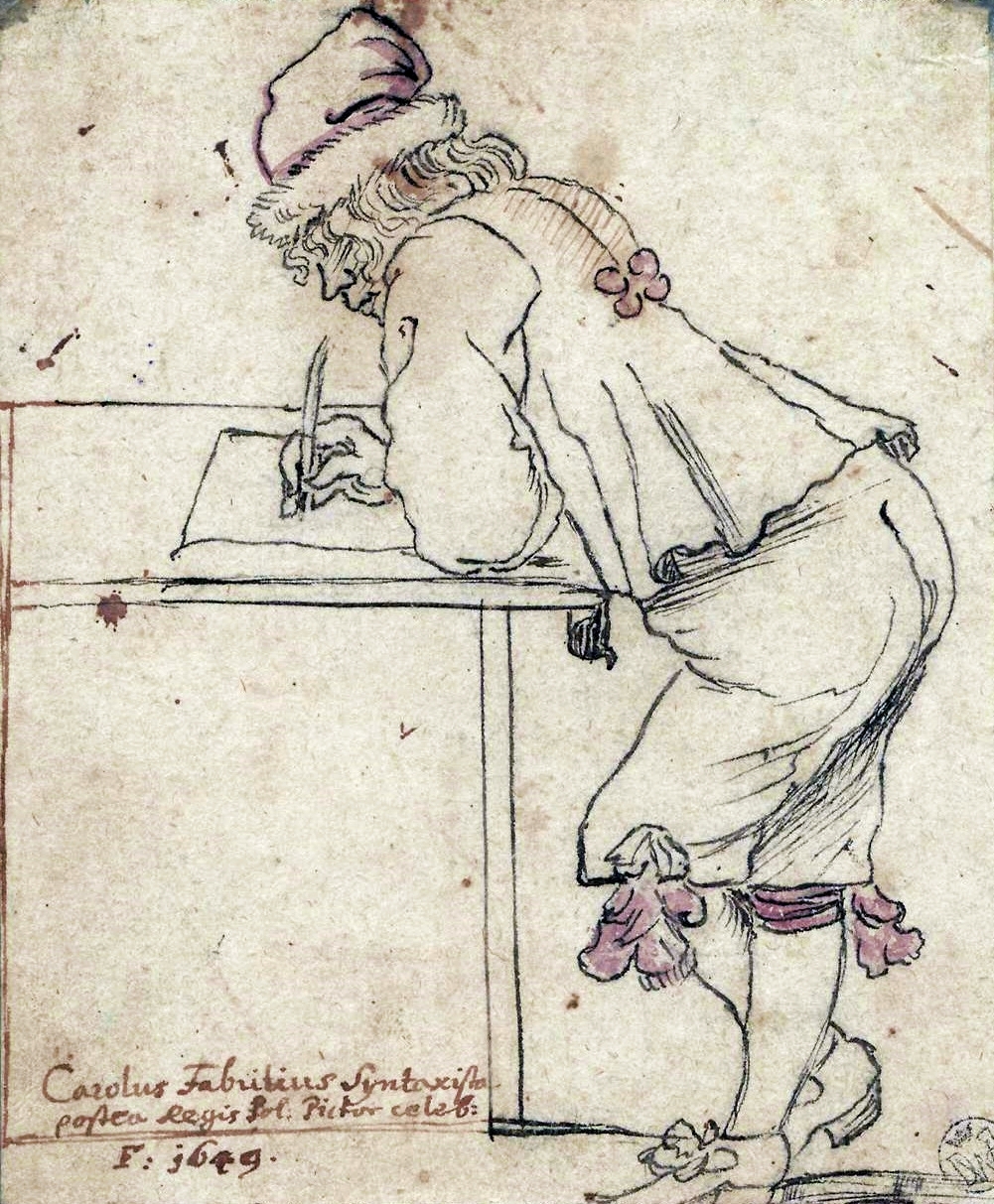 A man bends over a table to write. He is leaning heavily on his left arm.