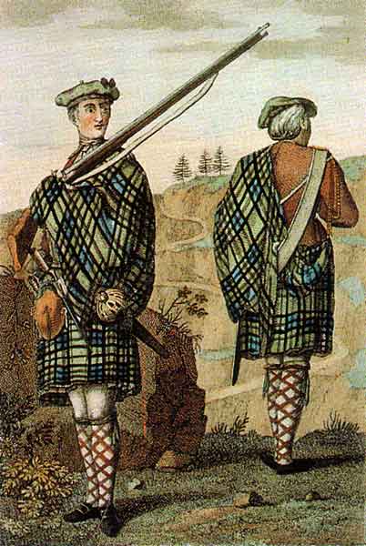 Soldiers from a Highland Regiment circa 1744. The private (on the left) is wearing a belted plaid.