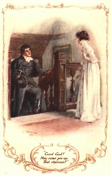An illustration from <i>Northanger Abbey</i> depicts a startled Catherine Moorland encountering Henry Tilney at the top of a staircase.