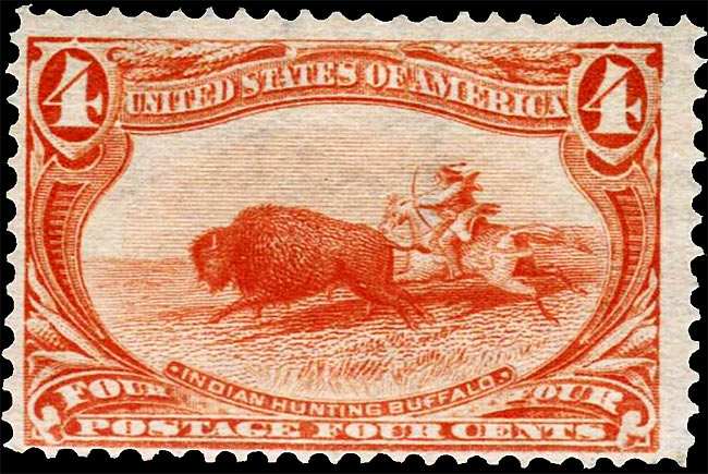 First postage stamp with image of bison was issued US in 1898—4¢ "Indian Hunting Buffalo", part of the Trans-Mississippi Exposition commemorative series