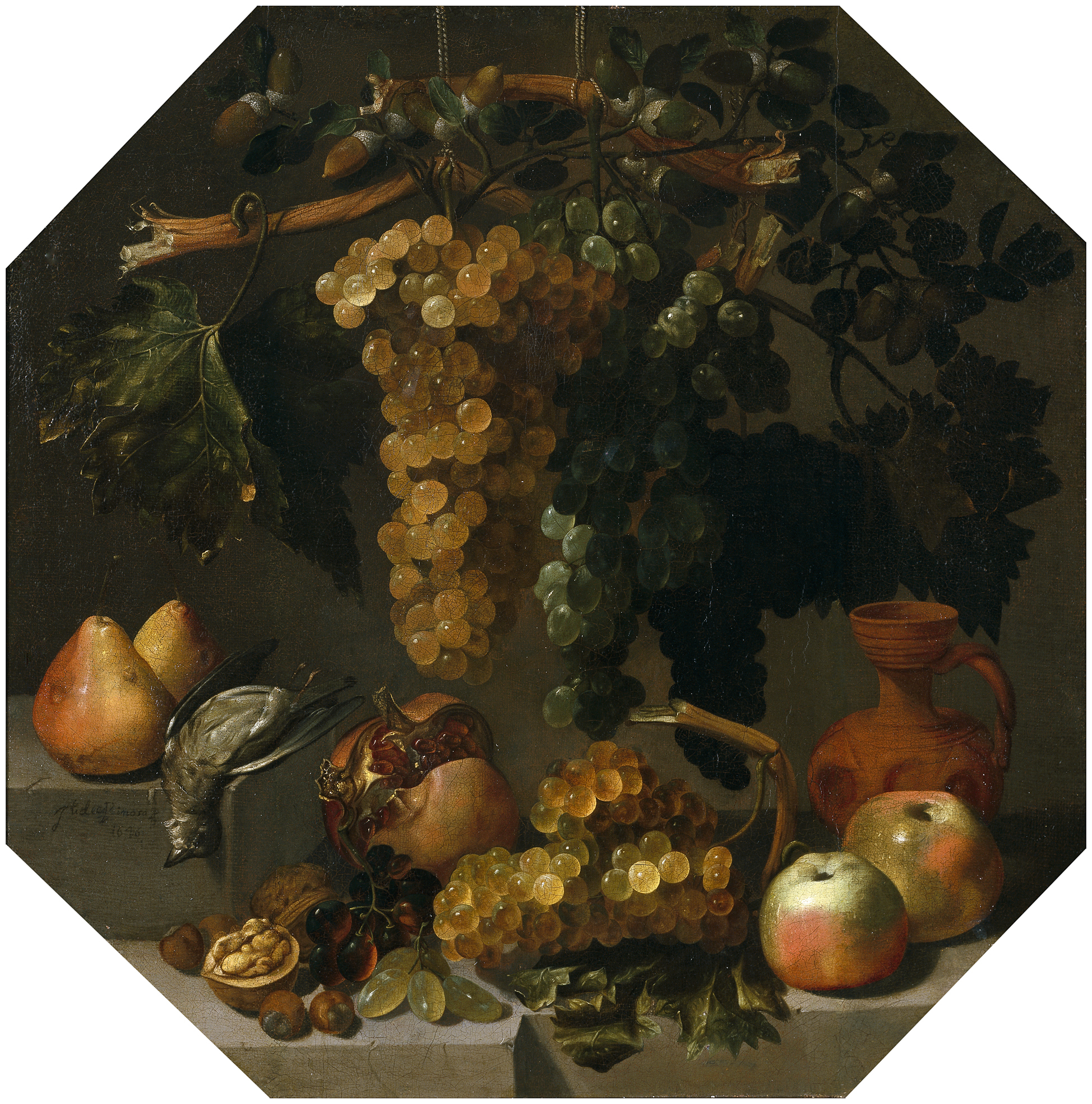 ''Bodegón ochavado con racimos de uvas'', 1646, óleo sobre lienzo, 67 x 68 cm, [[Museo del Prado