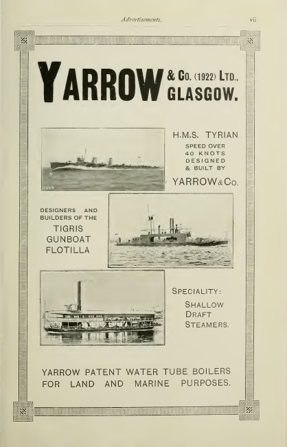 An advertisement for Yarrow & Co. Ltd. in the 1923 Brassey's Naval Annual, featuring the S-class destroyer HMS Tyrian and the Fly-class gunboat