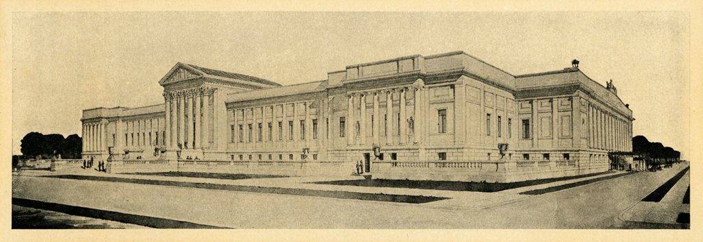 Illustration depicts an (unrealized) design of the building