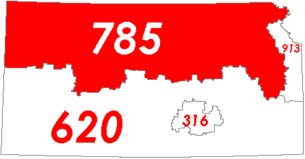 Map of Kansas with area code 785 in Red