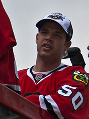 Crawford at the Blackhawks 2010 Stanley Cup parade Corey Crawford Blackhawks Victory Parade 2010 (cropped).jpg