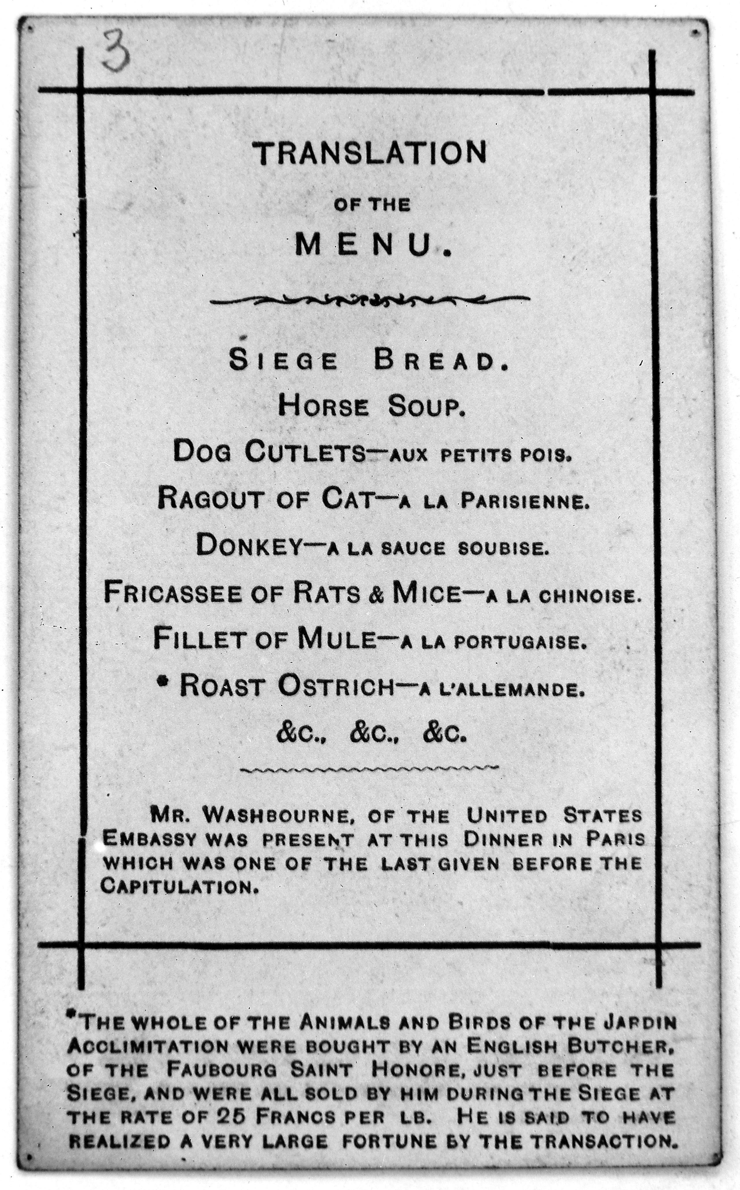 Partial English translation (from a 1929 exhibit) of a food menu created by an eatery during the Siege of Paris, c. 1870-1871.