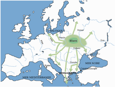 The origin and migration of Slavs in Europe in the 5th to the 10th centuries AD: .mw-parser-output .legend{page-break-inside:avoid;break-inside:avoid-column}.mw-parser-output .legend-color{display:inline-block;min-width:1.25em;height:1.25em;line-height:1.25;margin:1px 0;text-align:center;border:1px solid black;background-color:transparent;color:black}.mw-parser-output .legend-text{}  Original Slavic homeland (modern-day southeastern Poland, northwestern Ukraine and southern Belarus)   Expansion of the Slavic migration in Europe
