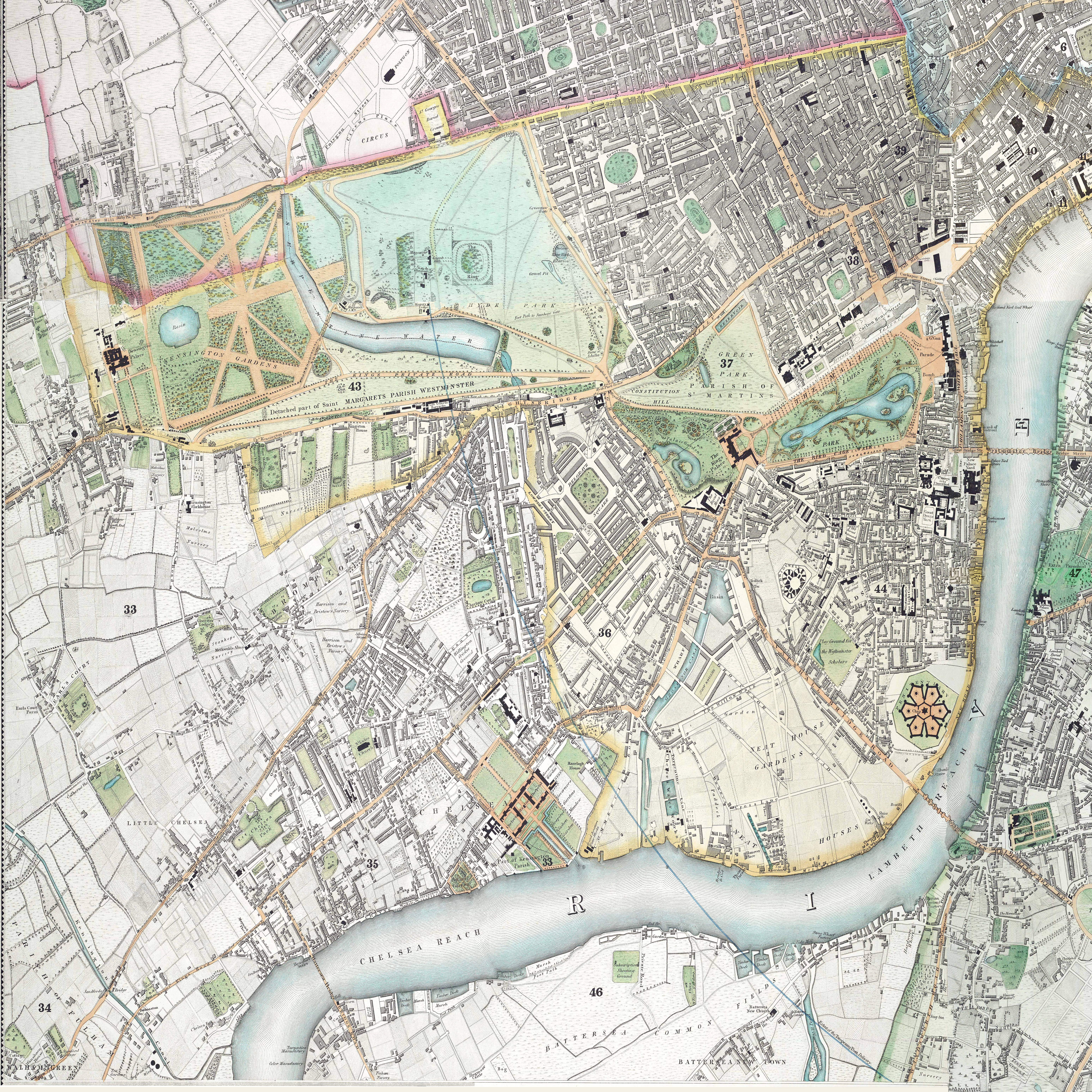  Crop of Christopher and John Greenwood's 8 inch-to-mile map published in 1827 from an 1830 republication (click to view all), showing George Court, Villiers Street, Duke Street, Of Alley and Buckingham Street; some have since been renamed.