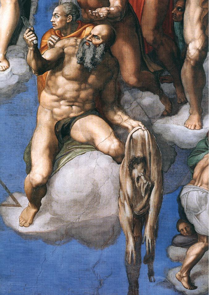 Saint Bartholomew displaying his flayed skin, with the face of Michelangelo
