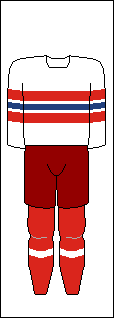 Landslagets hjemme- og bortedrakter som ble brukt ved ishockey-VM 1937 til 1939 samt under VM 1949 og 1950.