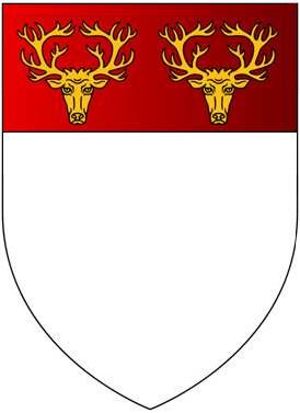 Arms of Popham: Argent, on a chief gules two stag's heads cabossed or PophamArms.jpg