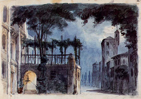 Act 1, scene 2 stage set by Giuseppe Bertoja for the world premiere of Rigoletto