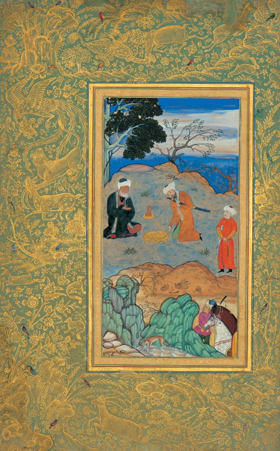 Behzad's Advice of the Ascetic (c. 1500–1550). As in Western illuminated manuscripts, exquisitely decorated borders were an integral part of the work of art.