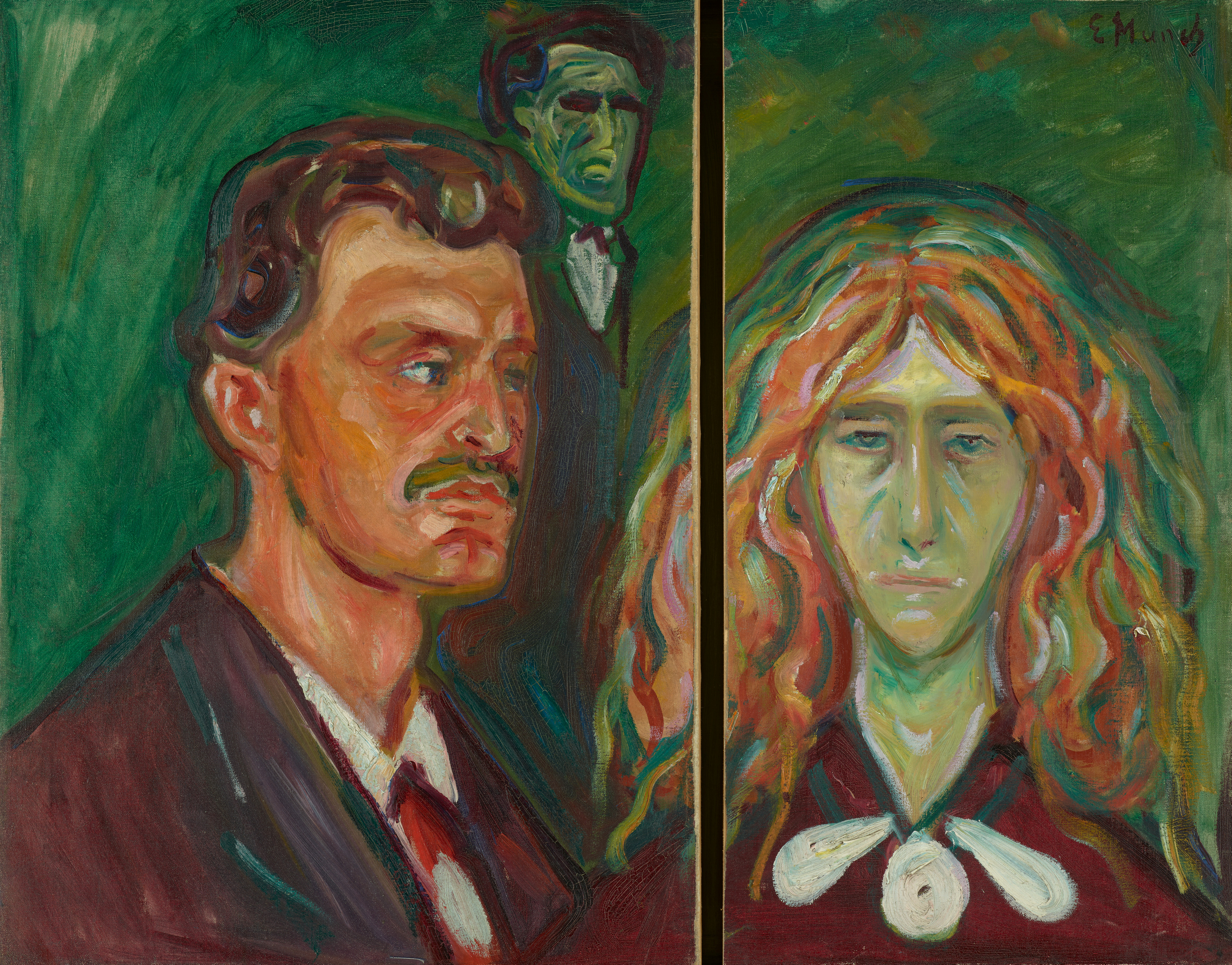 Edvard Munch - Self-Portrait Against a Green Background and Caricature Portrait of Tulla Larsen.jpg