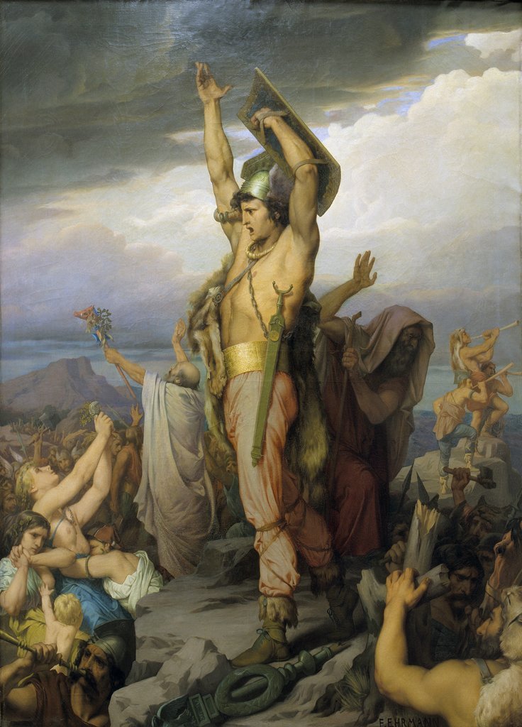 Vercingétorix appelant les Gaulois à la défense d'Alésia, tableau de François-Émile Ehrmann, vers 1869 - Cultea