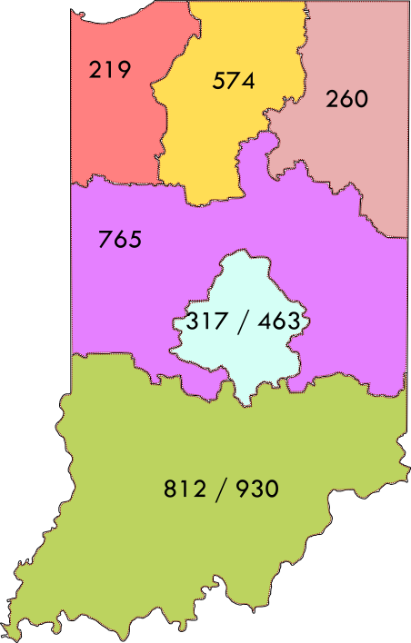 Area Code map for all of Indiana
