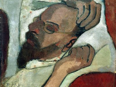 A painting of a bearded man lying down with glasses and eyes closed
