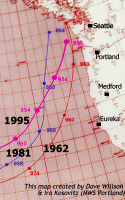 Storm tracks of the central low pressure of the storms which hit the Pacific Northwest in 1962, 1981 and 1995