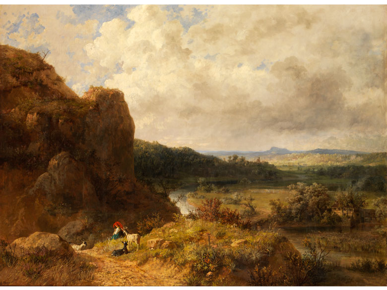 Eduard Heinel - Blick in eine Landschaft mit jungen Ziegenhirten