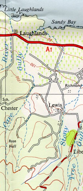 Extract from UK Directorate of Overseas Surveys 1 to 50,000 map of Jamaica sheet F 1958 showing the course of Cave Gully