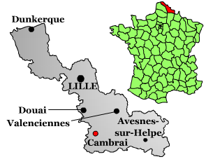 Geographic situation of Cambrai in the Nord department