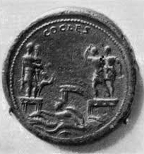 Mynt med avbildning av Horatius Cocles vid Pons Sublicius.