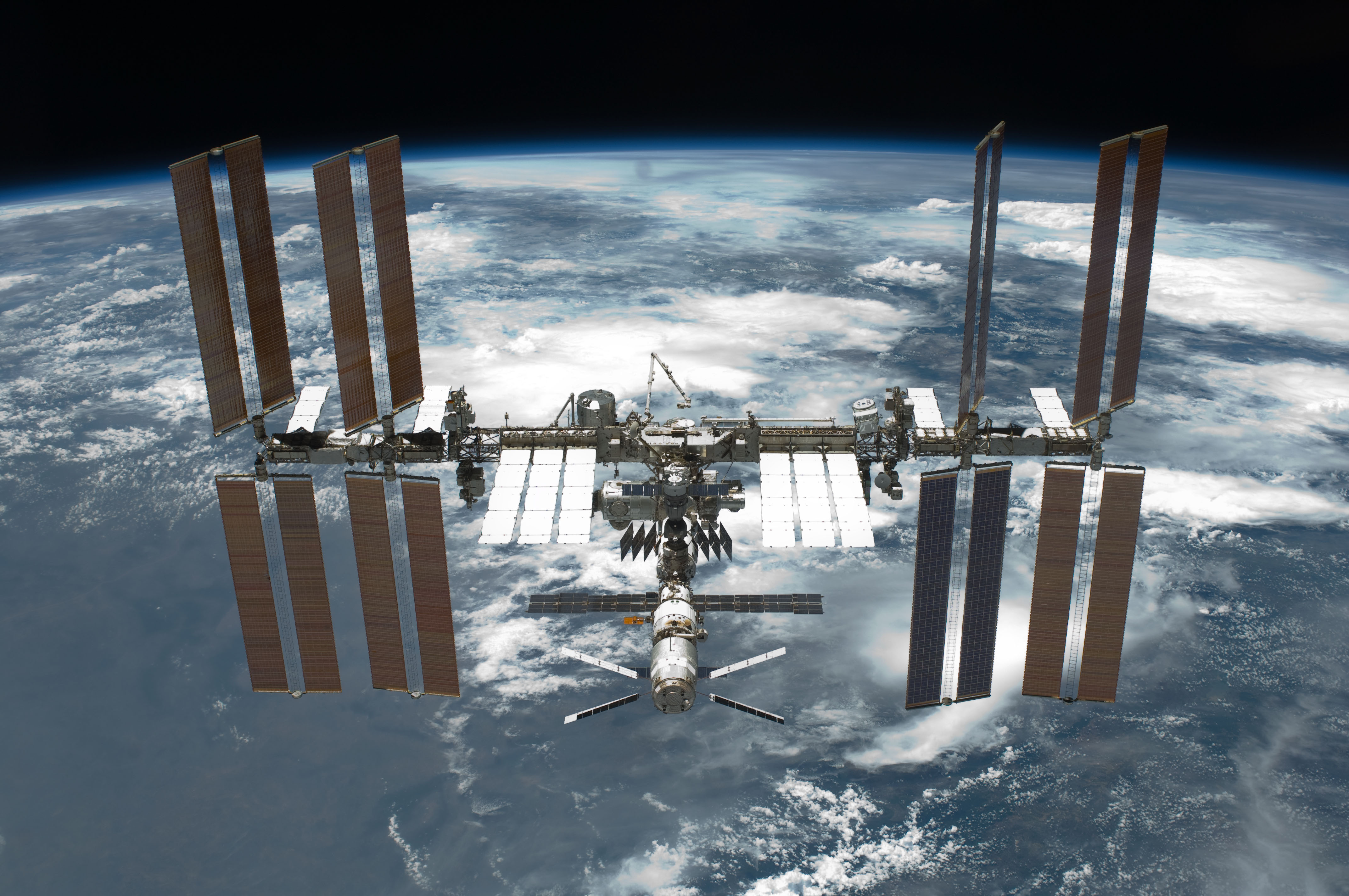 The International Space Station, as seen from Space Shuttle Endeavour in May 2011