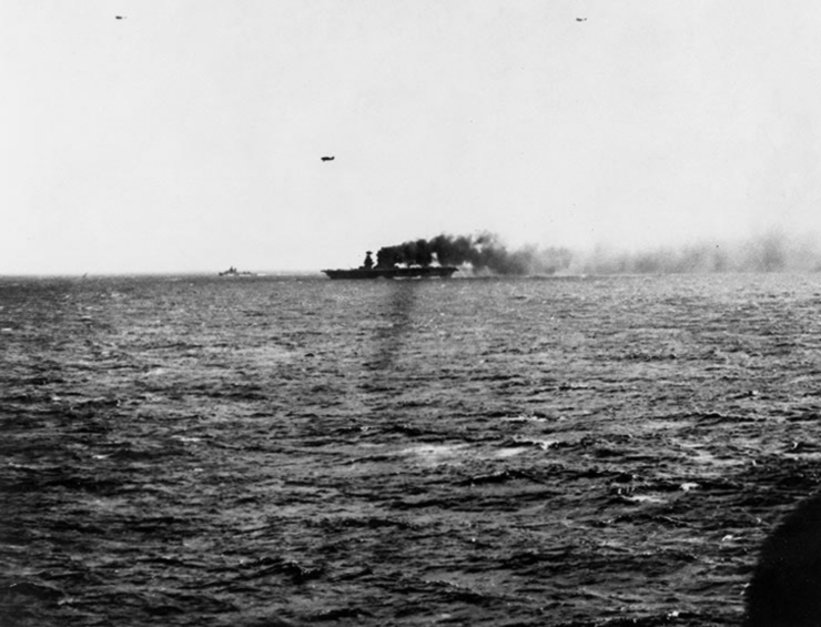 File:USS Lexington (CV-2) afire and down at the bow, but underway during the Battle of the Coral Sea, 8 May 1942 (80-G-16643).jpg