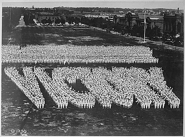 File:"Victory" spelled by men in training at Great Lakes Naval Training Station, Great Lakes, Ill. Committee on Public Information. - NARA - 530723.gif