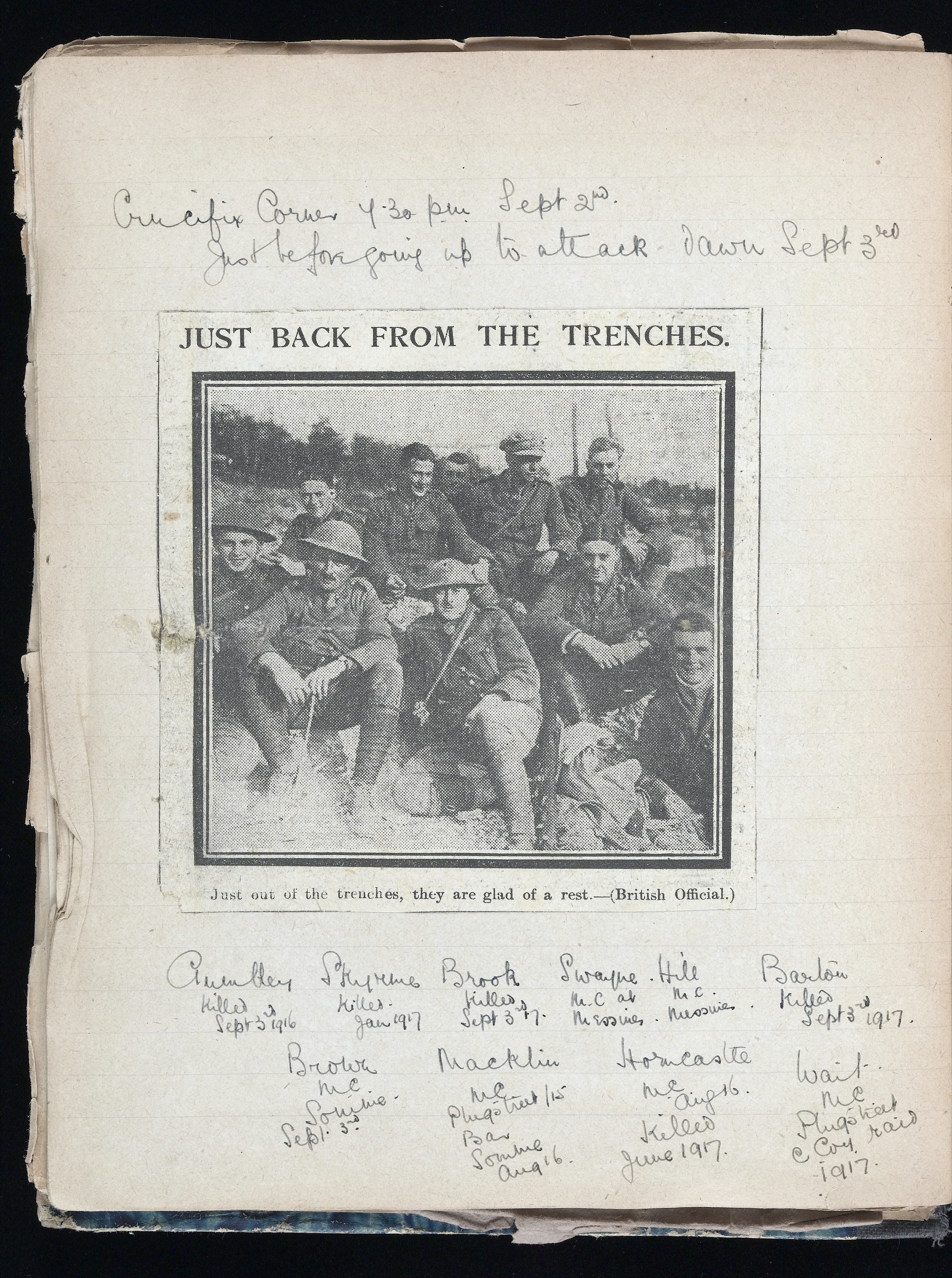 "Just out of the trenches, they are glad of a rest." WWI photo with accompanying captions identifying the fates of the soldiers pictured, c. 1917.