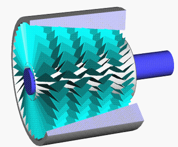 An animated simulation of an axial compressor. The static blades are the stators.