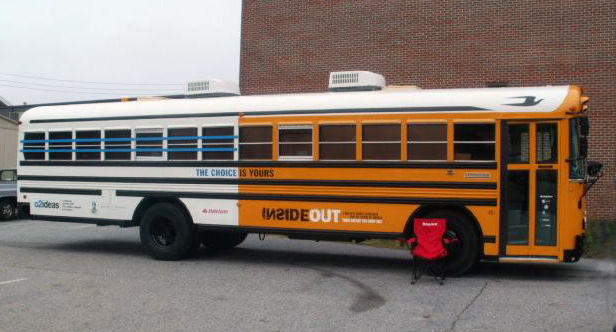 "Choice Bus", a former school bus (Blue Bird TC/2000) configured with half mobile classroom (school bus)/half prison bus interior, developed in an effort to prevent student dropouts in the United States.