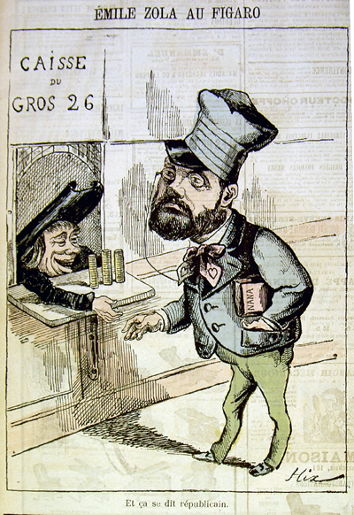 Émile Zola au Figaro, caricature de Hix, dans Le Grelot du 10 janvier 1881.
