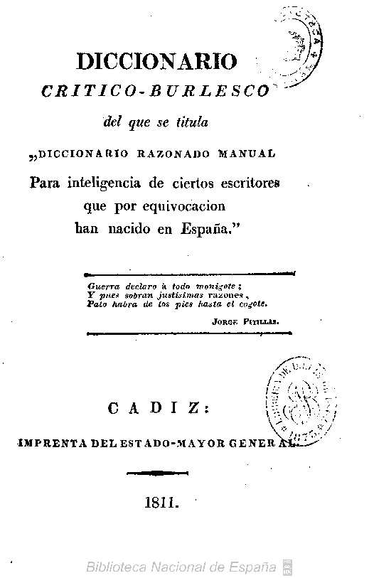 Frontispicio del ''Diccionario critico-burlesco'' de Bartolomé José Gallardo, Cádiz, Imprenta del Estado Mayor General, 1811. [[Biblioteca Nacional de España