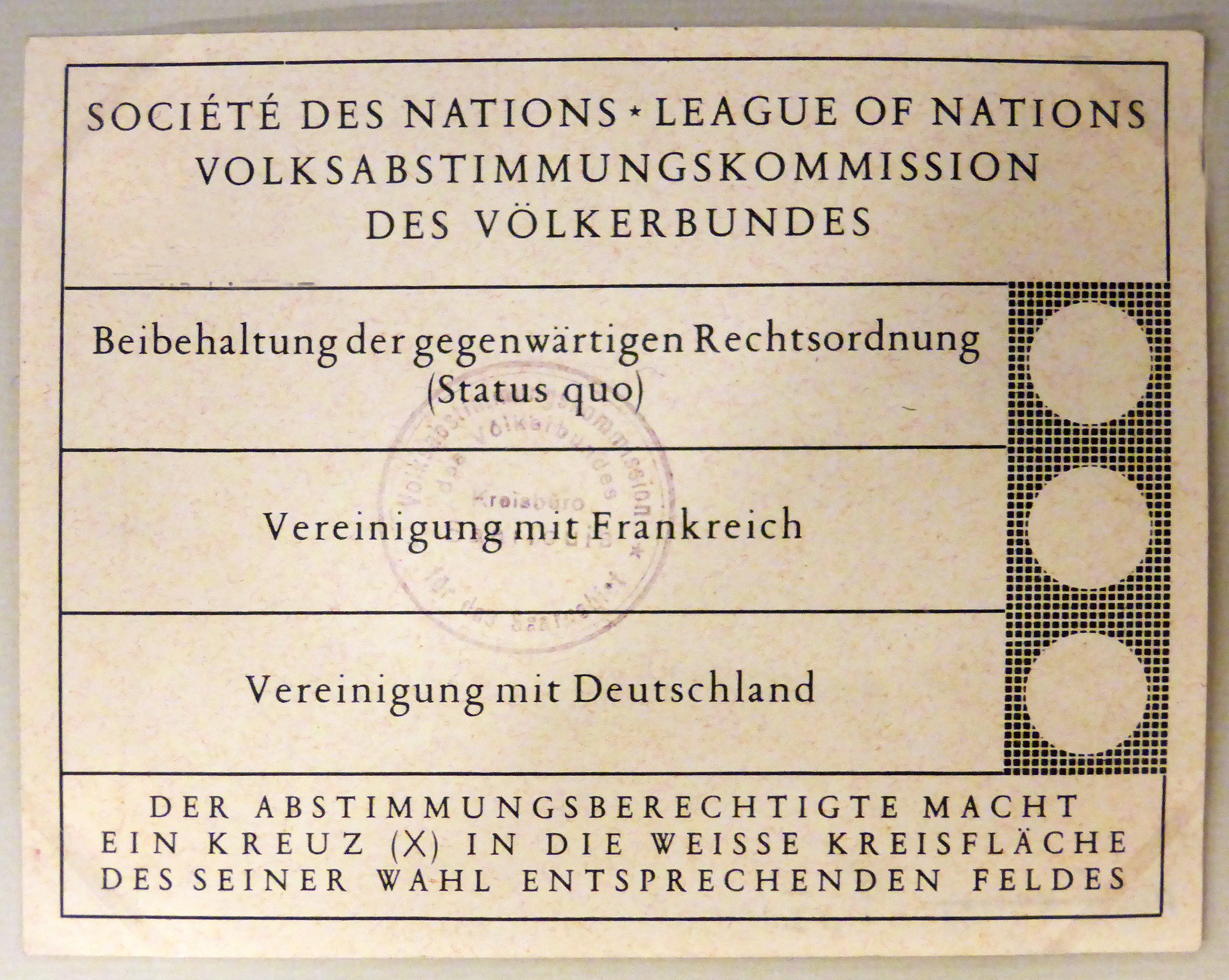 Stimmzettel zur Saarabstimmung 1935