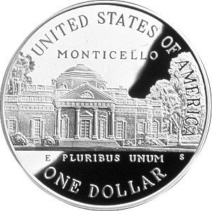 Monticello is depicted on the 1994 commemorative Thomas Jefferson 250th Anniversary silver dollar.