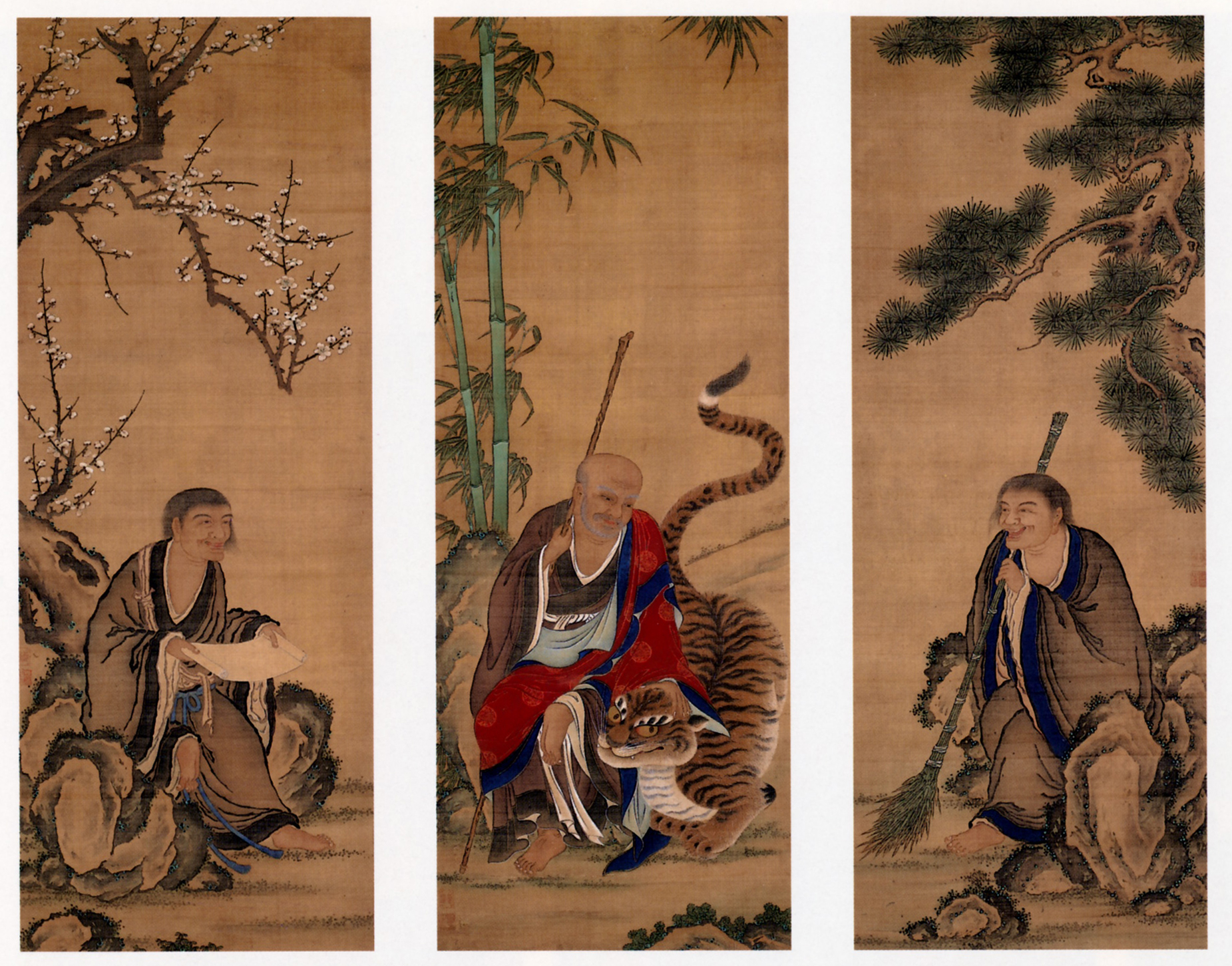  Hanshan, Fenggan et Shide, les trois protagonistes de la « préface du préfet Lu-ch'iu Yin ». Peinture sur rouleaux de soie de [[Ueno Jakugen