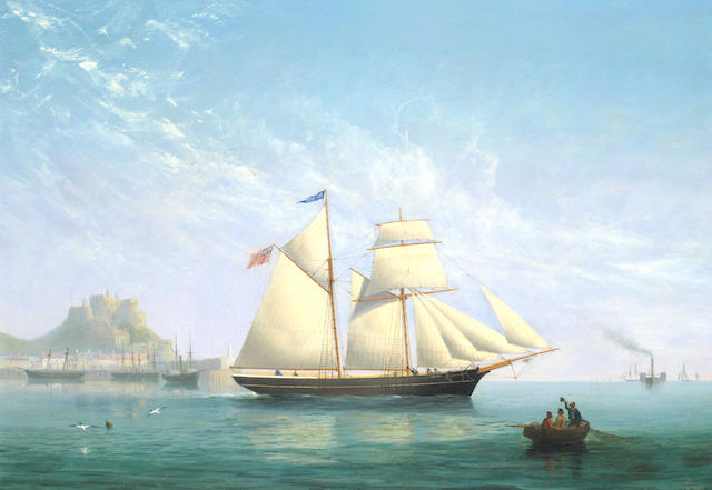 File:Philip John Ouless - The Jersey trading schooner Seabird heading out from Gorey Harbour, Jersey, with Mont Orgueil Castle beyond.jpg