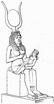 Isis, bearing her solar disk and horns nurses her infant, Horus