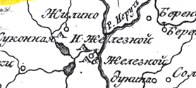 Заводы Верхний и Нижний Железной (ныне Киров) на карте Серпейского уезда. Атлас Российской Империи. 1792 г.